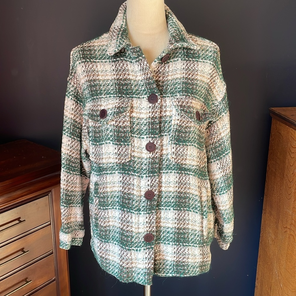 NWOT Zara Tweed Plaid Shirt Jacket Shacket Green Cream Size Small